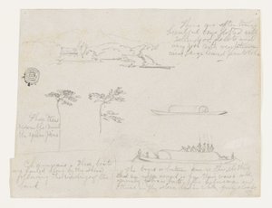 コロンビアのスケッチ-Trees and Rivercraft（Champans） 作： Frederic Edwin Church